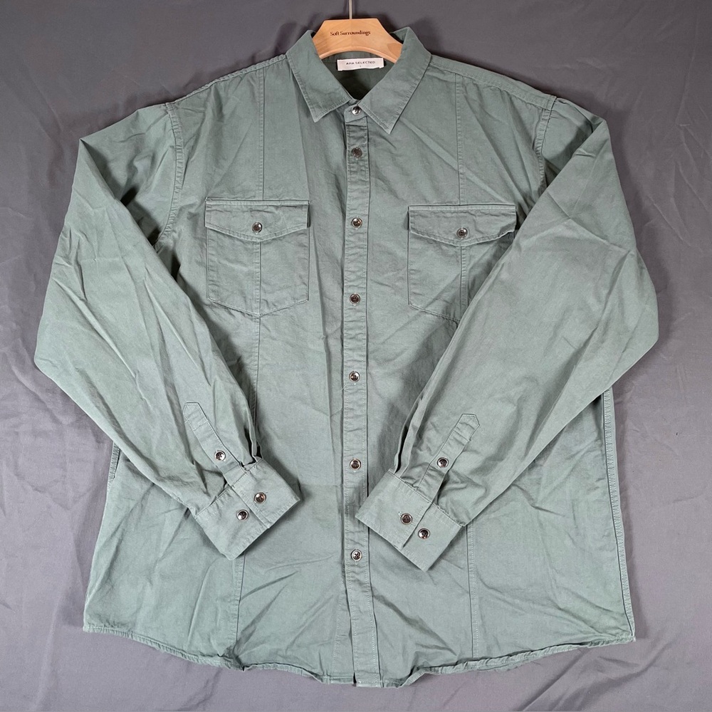 Aha Selected Button Up Shirt Men's Large Long Sleeve Green Designer Preppy Golf